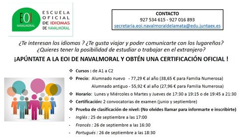 Curso de idiomas de A1 a C2 (2023-2024) - Navalmoral de la Mata (Cáceres)