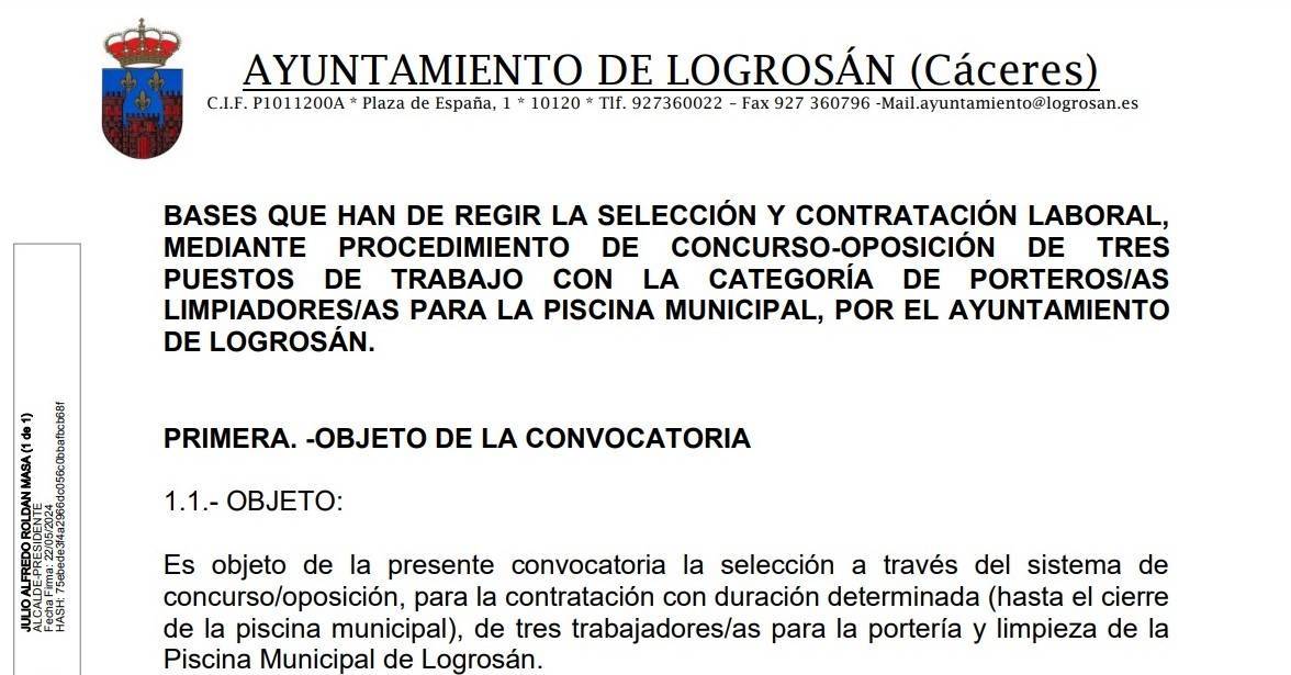 3 porteros-as limpiadores-as para la piscina municipal (2024) - Logrosán (Cáceres)