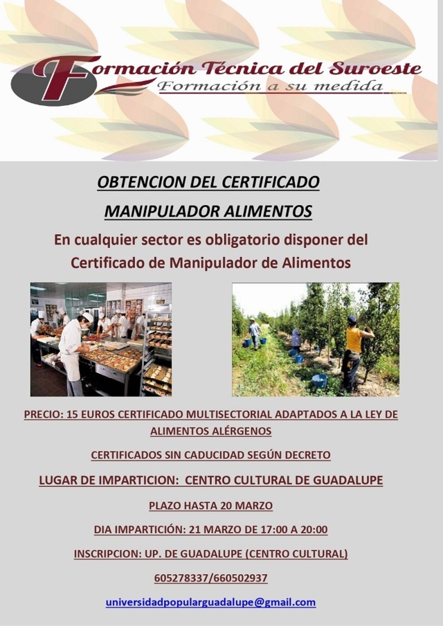 Curso para la obtención del certificado de manipulador de alimentos (2025) - Guadalupe (Cáceres)