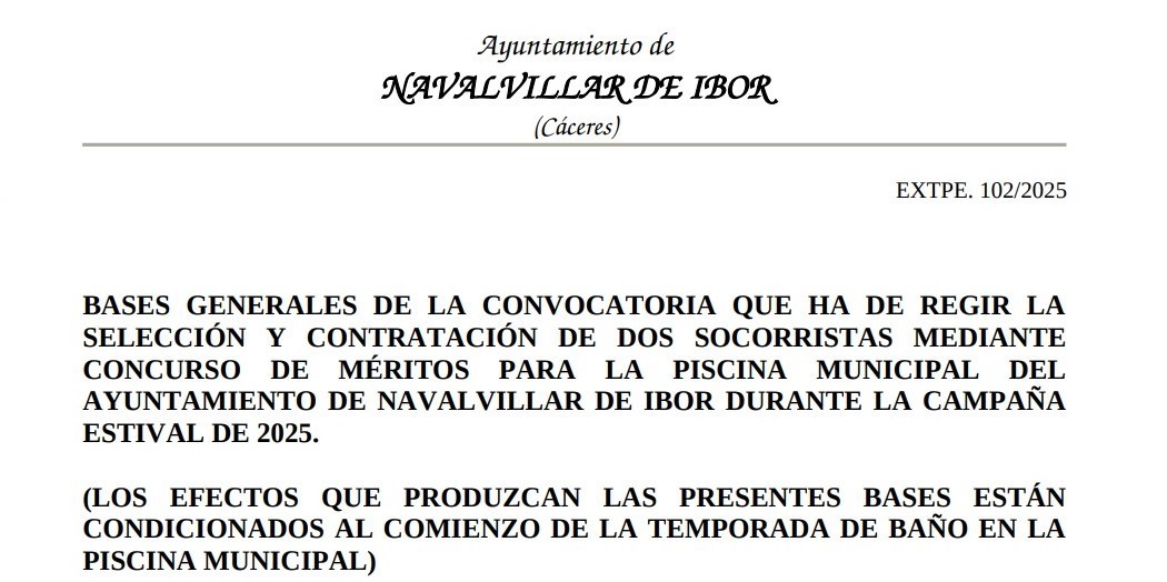 2 socorristas para la piscina municipal (2025) - Navalvillar de Ibor (Cáceres)