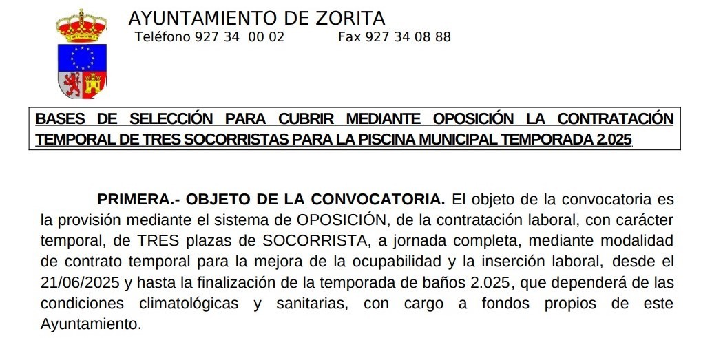 3 socorristas para la piscina municipal (2025) - Zorita (Cáceres)