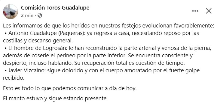 Evolución favorable de los 3 heridos en los festejos taurinos (2025) - Guadalupe (Cáceres)