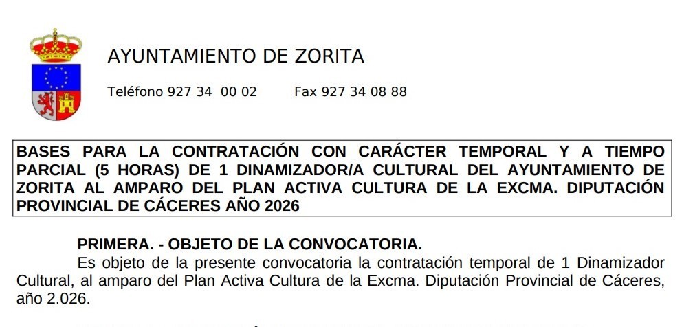 Dinamizador-a cultural (2026) - Zorita (Cáceres)