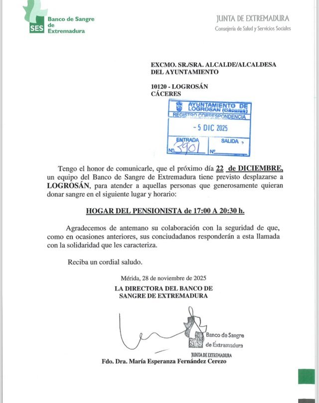 Donación de sangre (diciembre 2025) - Logrosán (Cáceres)